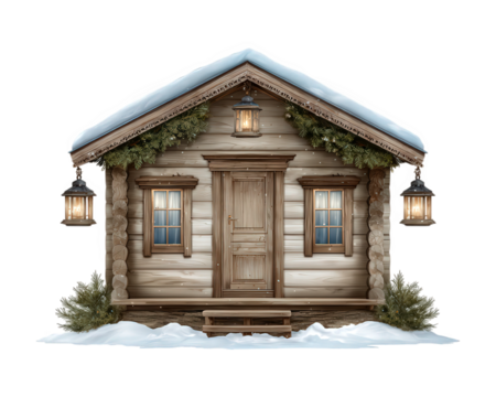 Festive snow covered cabin illustration with warm, cozy feeling. This holiday log house with glowing lanterns in winter snow creates peaceful and welcoming mood