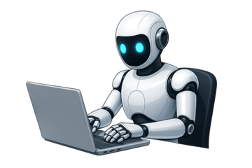 White robot cyborg working on laptop computer representing artificial intelligence technology and automation isolated on transparent background