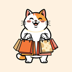 Smiling Calico Cartoon Cat Holding Many Shopping Bags for Retail Purchase