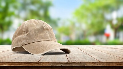 Casual beige baseball cap rests on a rustic wooden table with a soft focus background of lush green trees and blue sky, perfect for summer lifestyle or outdoor branding.