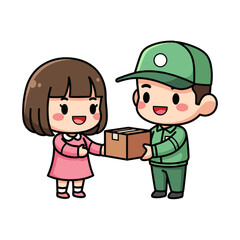 Adorable Cartoon Delivery Person Handing Package to Cute Woman Online Order