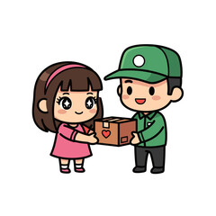 Cute Cartoon Delivery Man Delivering Package to Happy Young Girl Illustration