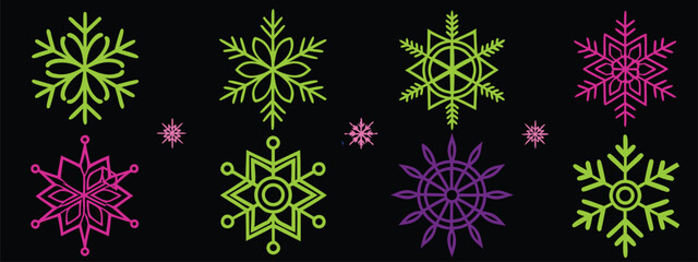 Variety of Colorful Decorative Snowflake Designs on Black Backdrop Line Art Illustrations Seasonal Winter Ornaments for Graphic Design Decoration, Winter Holidays