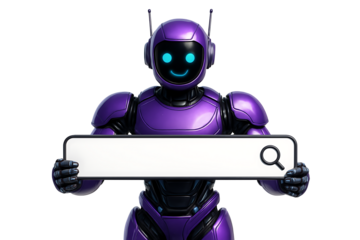 Purple robot holding a large blank search bar with magnifying glass icon representing internet search and data isolated on transparent background
