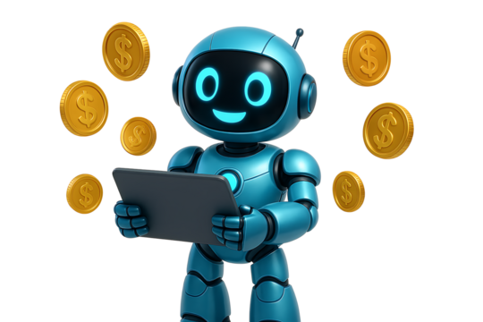 Blue cute robot holding tablet surrounded by golden dollar coins showing financial services and wealth isolated on transparent background