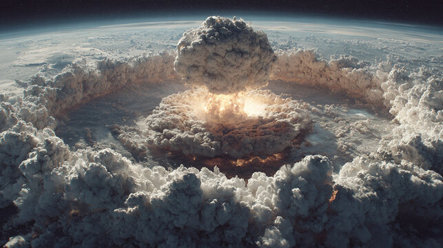 White-gold-silver cosmic view of a catastrophic nuclear explosion on Earth, symbolizing global conflict, irreversible destruction, human vulnerability, and the fragile balance between technology and s