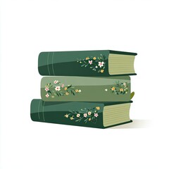 A colorful illustration featuring three stacked vintage books in shades of green, adorned with delicate floral patterns on their spines. The books are positioned against a clean, white background, enh