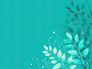 A vibrant and artistic illustration featuring an array of stylized leaves and delicate floral elements in various shades of green, blending harmoniously with a soothing turquoise background. The leave