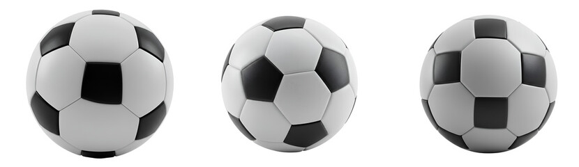 Soccer balls isolated for sports equipment and game concept, football gear, competition and recreation use on transparent background