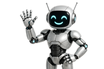 Silver metallic robot with antenna and friendly glowing blue smiley face screen waving hello in a welcoming pose isolated on transparent background