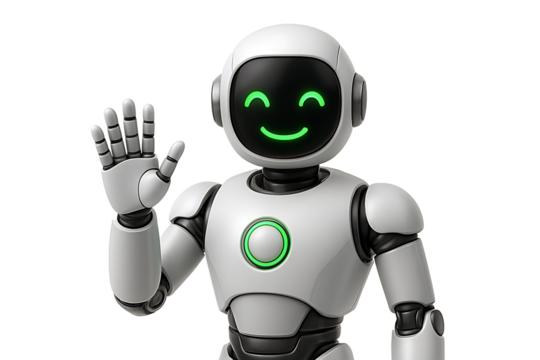Close-up friendly white robot with glowing green smiley face screen and chest ring waving hand to greet customers or users isolated on transparent background