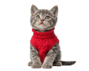 Cute grey tabby kitten in red knitted sweater sitting and looking up. This adorable feline has charming and innocent expression, isolated on transparent background