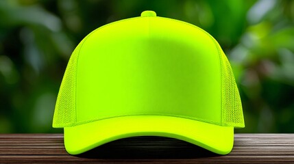 Vibrant neon yellow trucker hat mockup with mesh sides sits on a rustic wooden surface against a blurred green foliage background, perfect for custom branding and design.