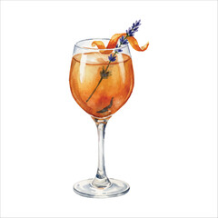 Earl Grey tea cocktail with lavender garnish, watercolor aromatic drink illustration
