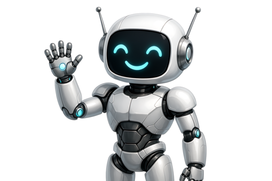 Friendly white robot with antenna and glowing blue smiley face screen waving hand to say hello or welcome to users isolated on transparent background