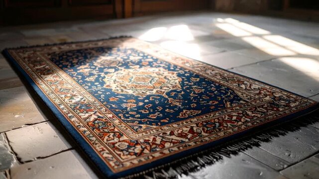 Ornate rug on stone floor