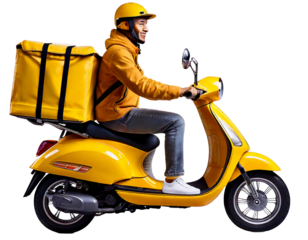  Smiling Delivery Guy on Yellow Scooter with Food Bag Illustration