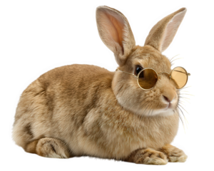 Cool brown rabbit wearing funny sunglasses while sitting. An adorable pet animal looking stylish and fashionable, isolated with charming and humorous expression