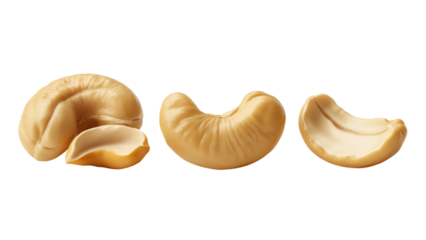 Three Cashew Halves in a Row on White Background
