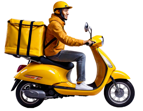  Smiling Delivery Guy on Yellow Scooter with Food Bag Illustration - Powered by Adobe