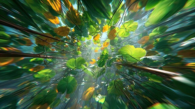 A vibrant, abstract representation of a forest canopy, featuring a dynamic view that emphasizes the lush green leaves interspersed with patches of orange. The image conveys a sense of movement and dep
