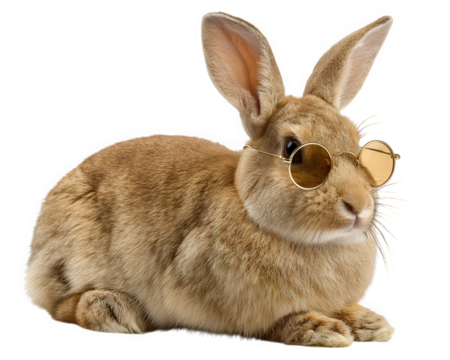 Cool brown rabbit wearing funny sunglasses while sitting. An adorable pet animal looking stylish and fashionable, isolated with charming and humorous expression