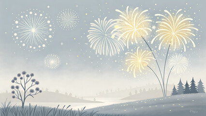 Winter landscape with gentle snowfall and festive fireworks display