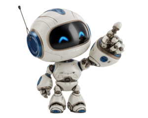 Friendly tiny AI robot pet companion pointing upward. This cute tech clipart element, happy character for future innovation, shows helpful solution and idea