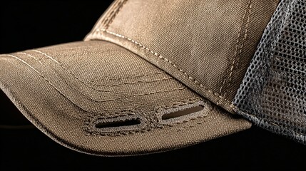 Stunning close-up detail of a modern khaki trucker hat with breathable mesh back, perfect for outdoor adventures and casual style.