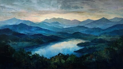 A serene landscape painting featuring layered mountains in varying shades of blue, green foliage in the foreground, and a tranquil lake reflecting the soft pastel hues of the sky. The mountains are ba