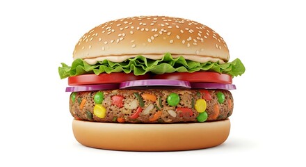 Delicious Veggie Burger with Fresh Toppings on White Background.