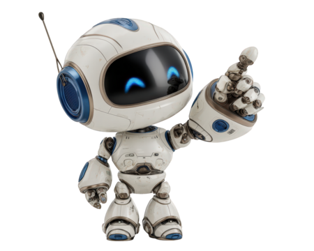 Friendly tiny AI robot pet companion pointing upward. This cute tech clipart element, happy character for future innovation, shows helpful solution and idea