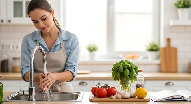 Young woman washing her hands in kitchen before food