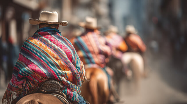 Parade of gauchos in traditional ponchos and hats riding horses at Feria de la Tradici&oacute;n Gaucha celebration