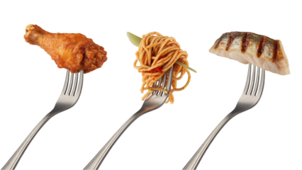 Assorted foods impaled on forks, showcasing a variety of delicious dishes, ready to eat