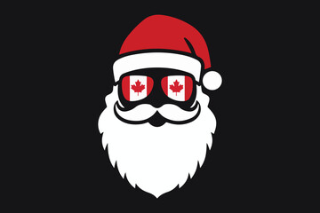 Canadian santa claus wears sunglasses reflecting the canadian flag for christmas celebration