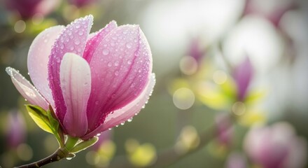 Fototapeta premium A delicate pink magnolia flower with water droplets on its petals, set against a blurred background of other flowers.