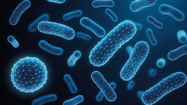 Microscopic World: Digital Bacteria in Blue Network Illustration - Powered by Adobe