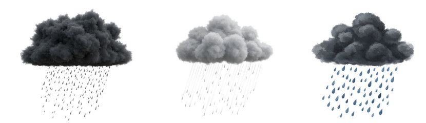 Three rainy weather clouds illustration set for forecast design and weather app icons and graphic design on transparent background