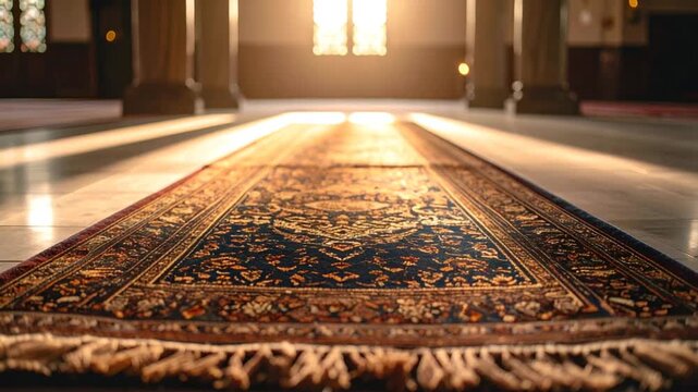 Ornate rug with detailed pattern and warm sunlight in interior space