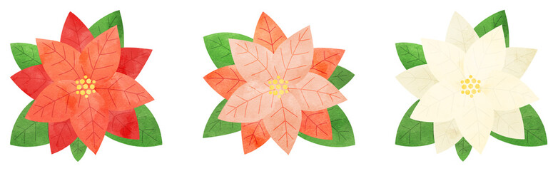 クリスマスに使えるポインセチアの水彩イラスト セット 葉っぱ付き
