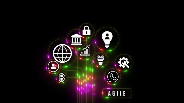 Concept of agile software development. Glowing blue neon line circle animation.4k motion video.