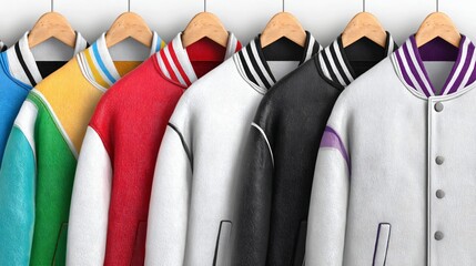 Vibrant collection of classic varsity jackets in a rainbow of colors hanging on wooden hangers, ready for stylish street wear and sporty fashion