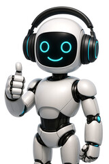 The cheerful white robot gives a thumbs-up gesture while wearing large over-ear headphones, featuring a bright, smiling blue digital face ready for listening, isolated on transparent background