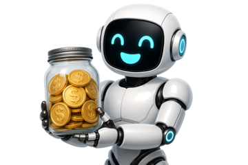 The smiling white robot happily holds up a glass jar full of shiny golden dollar coins, symbolizing successful financial planning, investment, and future savings, isolated on transparent background