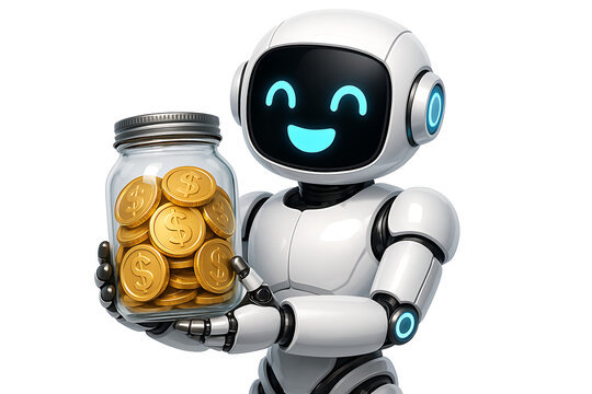 The smiling white robot happily holds up a glass jar full of shiny golden dollar coins, symbolizing successful financial planning, investment, and future savings, isolated on transparent background