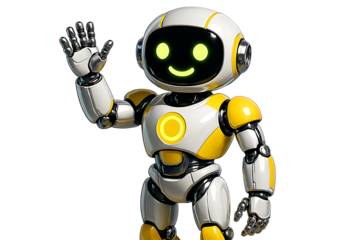 The friendly white and yellow robot waves its hand, displaying a happy green smiling digital face and a prominent circular glowing chest detail, isolated on transparent background
