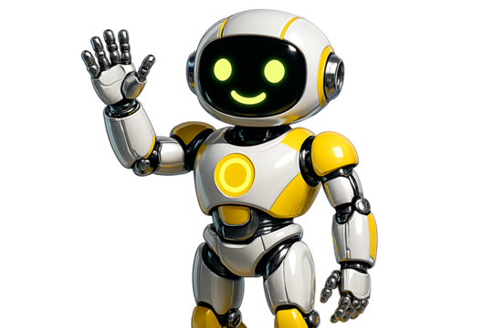 The friendly white and yellow robot waves its hand, displaying a happy green smiling digital face and a prominent circular glowing chest detail, isolated on transparent background