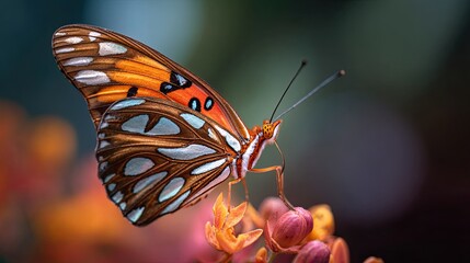 A vibrant orange and blue butterfly perched delicately on a cluster of soft pink flowers, showcasing intricate patterns on its wings. The background features a blurred gradient of colors, emphasizing 