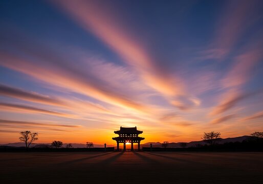 Sunset Silhouette - A Tranquil Korean Temple Scene.